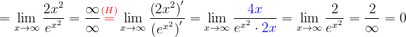 \dpi{120} =\lim_{x\rightarrow \infty }\frac{ 2x^{2}}{e^{x^{2}}}=\frac{\infty }{\infty }{\color{Red} \overset{(H)}{=}}\lim_{x\rightarrow \infty }\frac{ \left (2x^{2} \right )'}{\left (e^{x^{2}} \right )'}=\lim_{x\rightarrow \infty }\frac{ {\color{Blue} 4x}}{e^{x^{2}}\cdot {\color{Blue} 2x}}=\lim_{x\rightarrow \infty }\frac{ 2}{e^{x^{2}}}=\frac{2}{\infty }=0